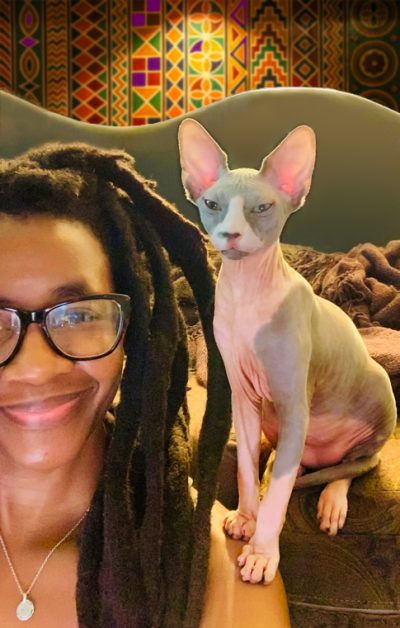 Nnedi Okorafor with her cat Neptune