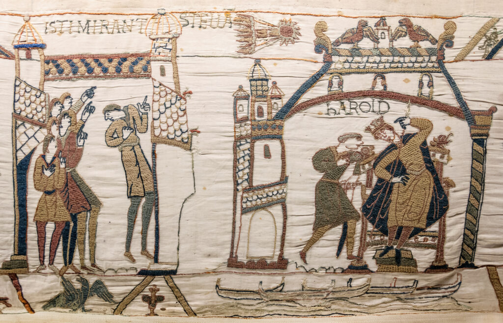 Bayeux Tapestry scenes showing Halley’s Comet and King Harold at Westminster