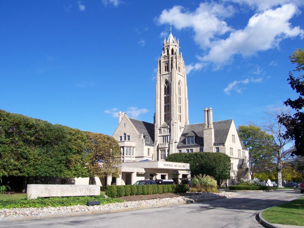 Memorial Art Gallery entrance and tower in Rochester, photographed in October 2009