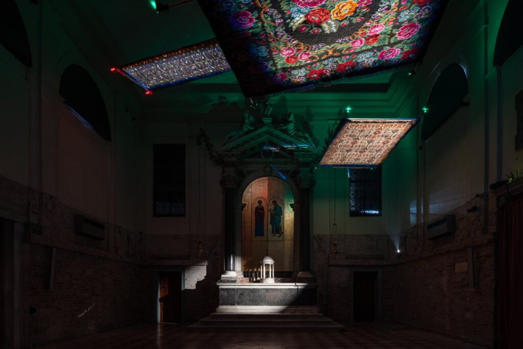 Pavel Brăila’s flying-carpet installation suspended by drones at the Moldova Pavilion, Venice Biennale 2026.