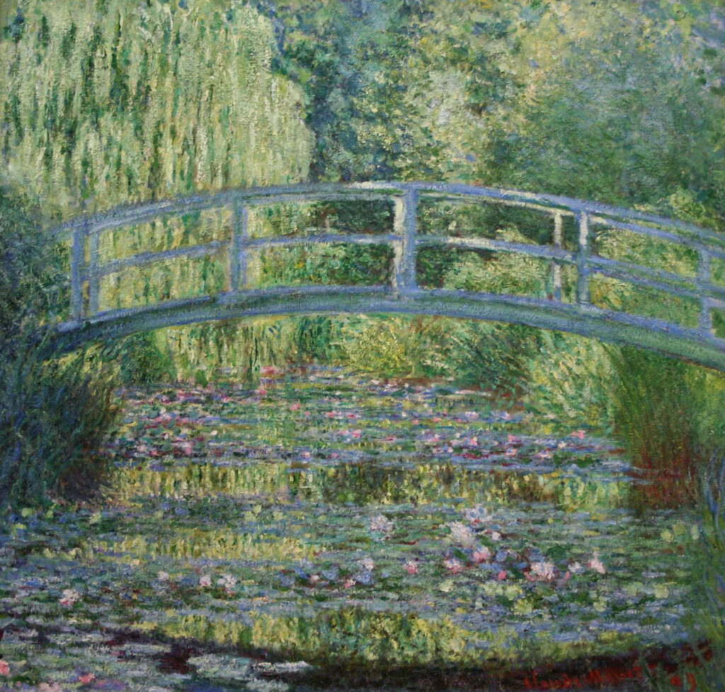 Claude Monet’s 1899 painting Le Bassin aux nymphéas, harmonie verte, showing a Japanese bridge over a green water-lily pond