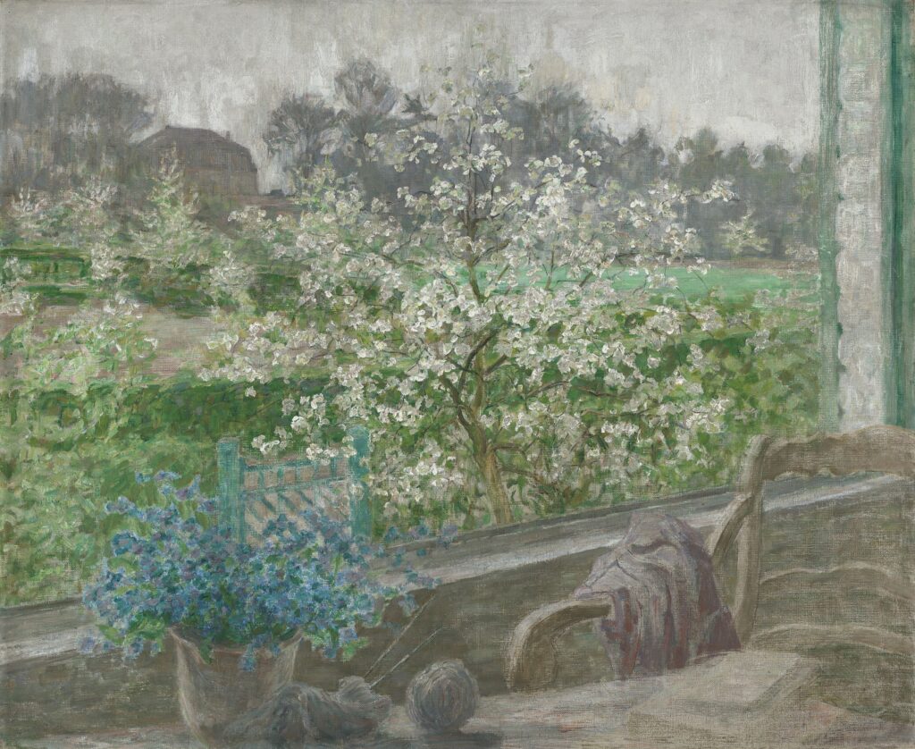 Jenny Montigny’s painting My Window, showing an interior opening onto a sunlit garden