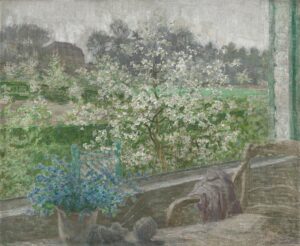 Jenny Montigny’s painting My Window, showing an interior opening onto a sunlit garden