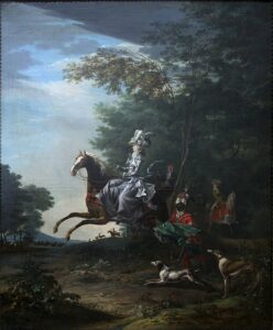Marie Antoinette riding through a wooded landscape in Louis-Auguste Brun’s 1783 hunting portrait