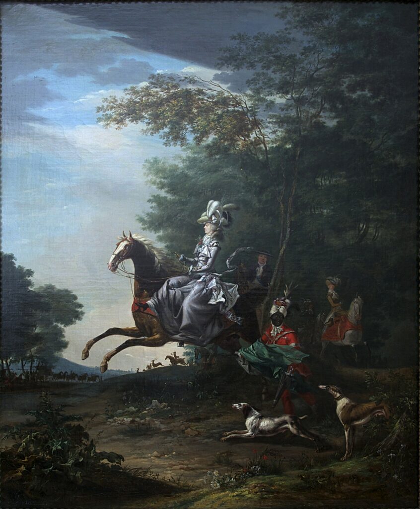 Marie Antoinette riding through a wooded landscape in Louis-Auguste Brun’s 1783 hunting portrait